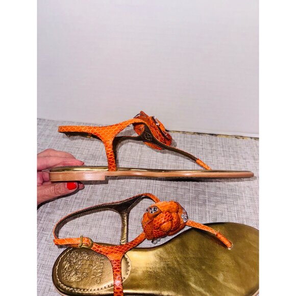 Vince Camuto Orange Snake-Embossed Flat Sandals 9 Gold Leather Flower Accent - Picture 9 of 11